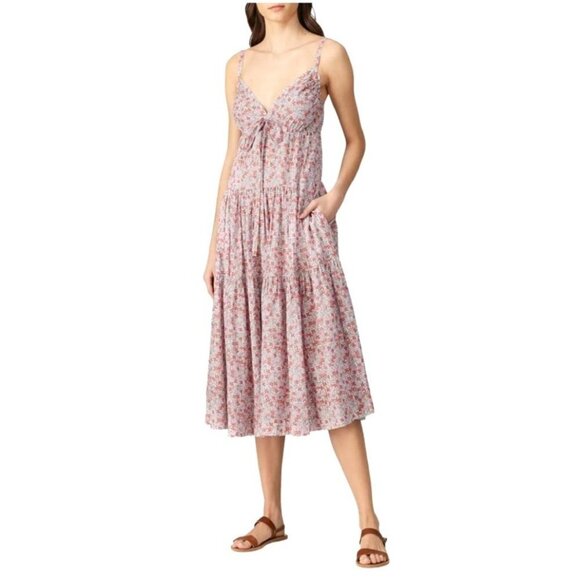 Rebecca Taylor La Vie Pink Metallic Gold Thread Floral Print Eva Midi‎ Dress S - Picture 1 of 12